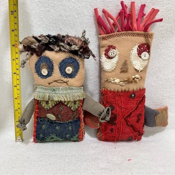 Scrappy Sidekicks Handcrafted Eco-Chic Doll Duo Kantha Embroidery Vintage Fabric - Picture 8 of 8